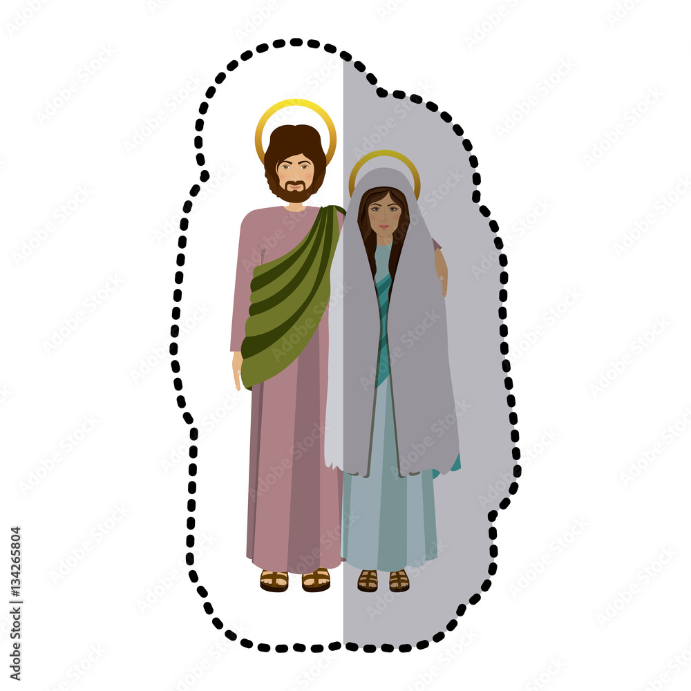 sticker picture colorful virgin mary and saint joseph embraced vector illustration