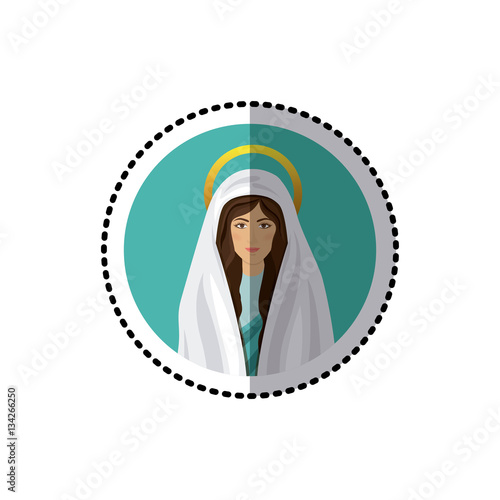 circular sticker with half body picture colorful saint virgin mary vector illustration