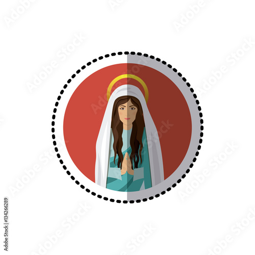 circular sticker with half body saint virgin mary praying vector illustration