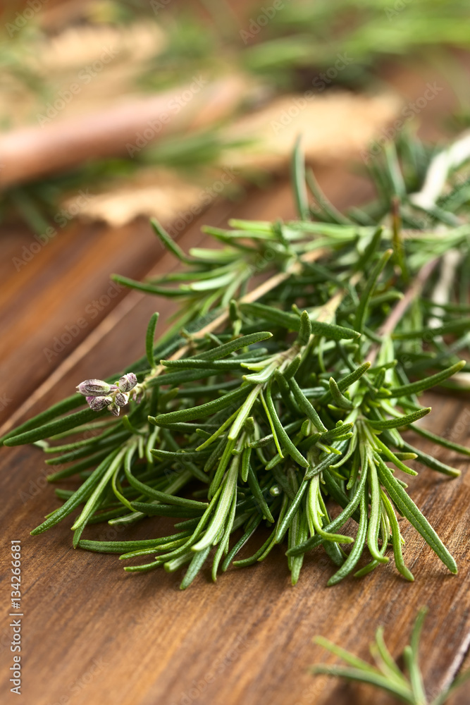Fresh rosemary (lat. Rosmarinus officinalis) branches on dark wood, photographed with natural light (Selective Focus, Focus one third into the leaves and on the flower buds) Fresh rosemary (lat. Rosmarinus officinalis) branches on dark wood, photographed with natural light (Selective Focus, Focus one third into the leaves and on the flower buds)