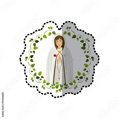 sticker arch of leaves with virgin of the mystic rose vector illustration