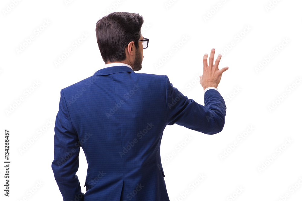 Young businessman pressing virtual buttons isolated on white Young businessman pressing virtual buttons isolated on white