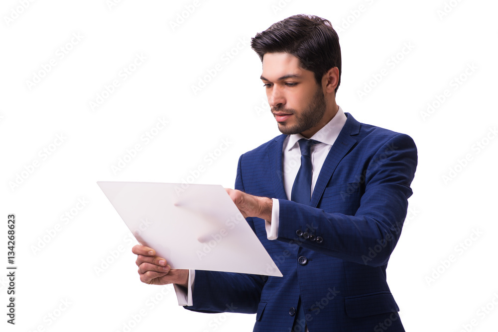 Businessman working on tablet isolated on the white background Businessman working on tablet isolated on the white background
