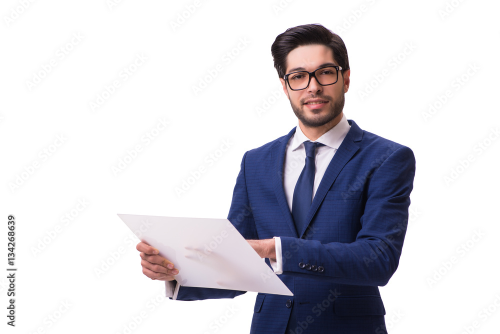 Businessman working on tablet isolated on the white background Businessman working on tablet isolated on the white background