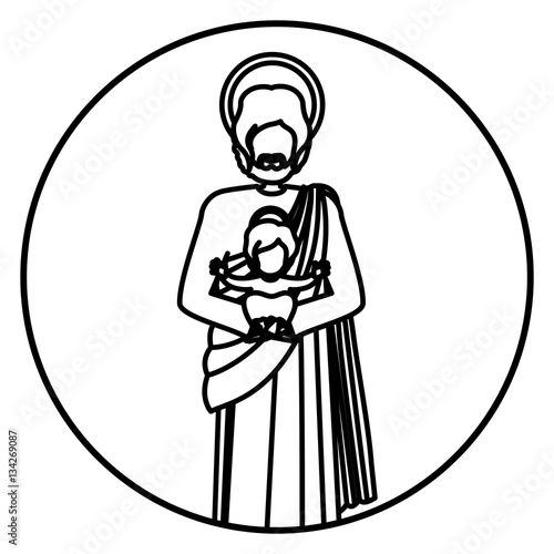 circular shape with contour of saint joseph with baby jesus vector illustration