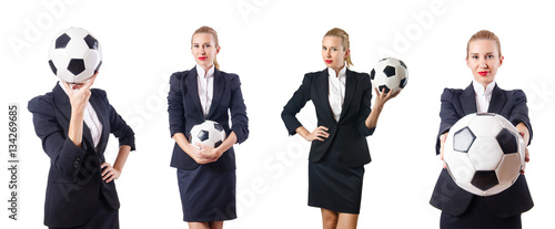 Fototapeta Naklejka Na Ścianę i Meble -  Businesswoman with football on white