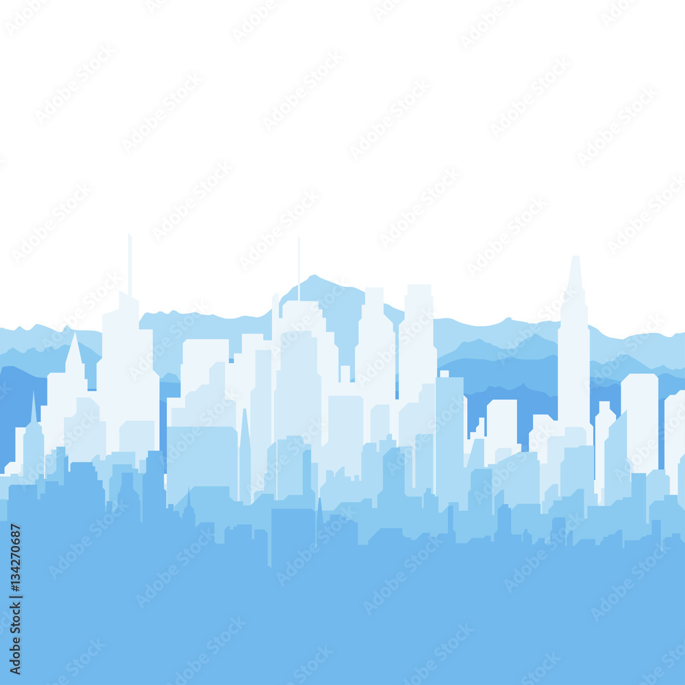 The silhouette city and mountains on white background. The flat vector illustration.