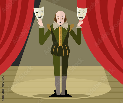 great english playwright with feather plume pen and skull on theater stage
