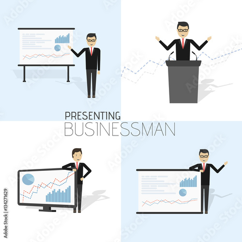 Businessman in formal suit is giving a presentation and showing graphs.