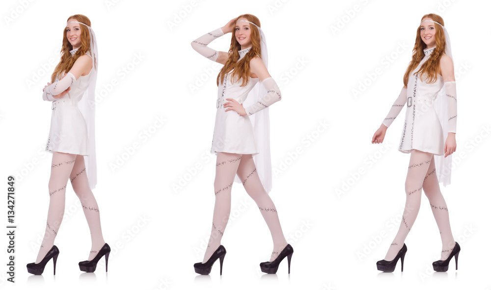 Pretty lady in light charming dress isolated on white Pretty lady in light charming dress isolated on white
