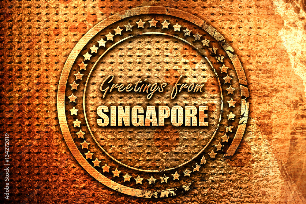 Greetings from singapore, 3D rendering, grunge metal stamp
