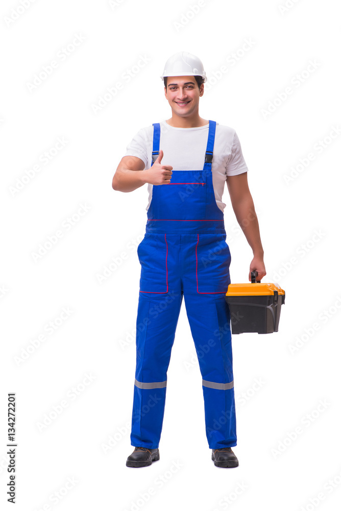 Man with toolbox isolated on white Man with toolbox isolated on white