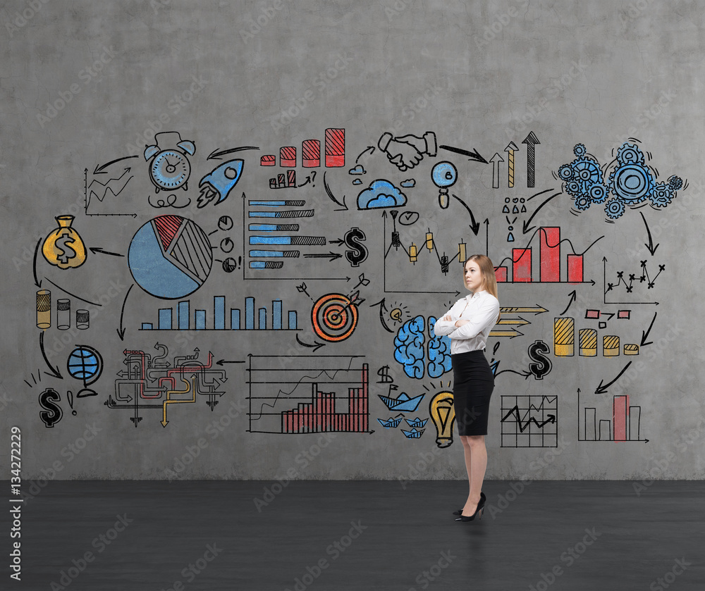 Blond woman near colorful sketch on concrete wall Blond woman near colorful sketch on concrete wall