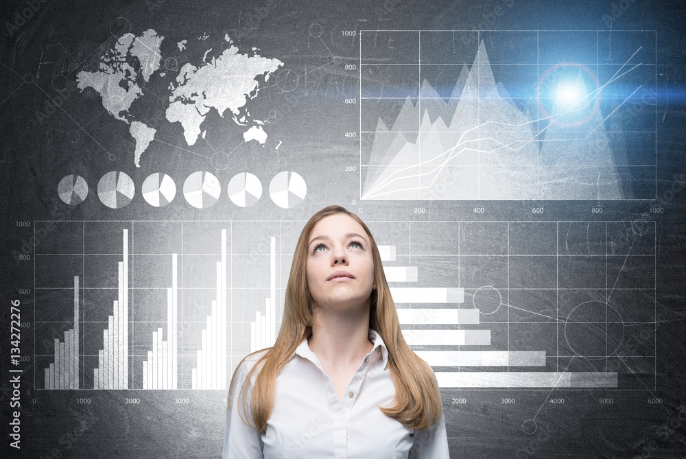 Woman looks up, four graphs, world map Woman looks up, four graphs, world map
