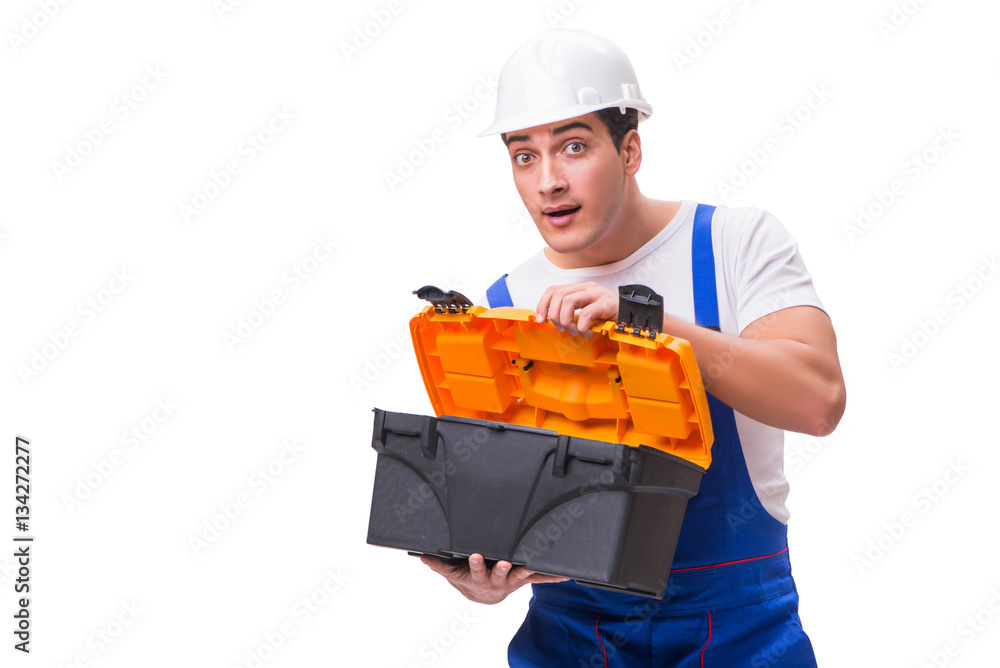 Man with toolbox isolated on white Man with toolbox isolated on white