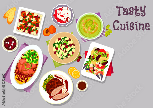 Dinner dishes with fruits icon for food design