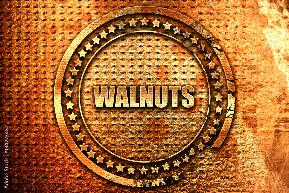 Fotografie walnuts, 3D rendering, grunge metal stamp