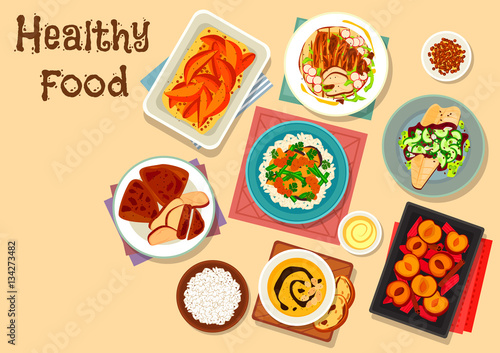 Healthy food dishes icon for lunch menu design