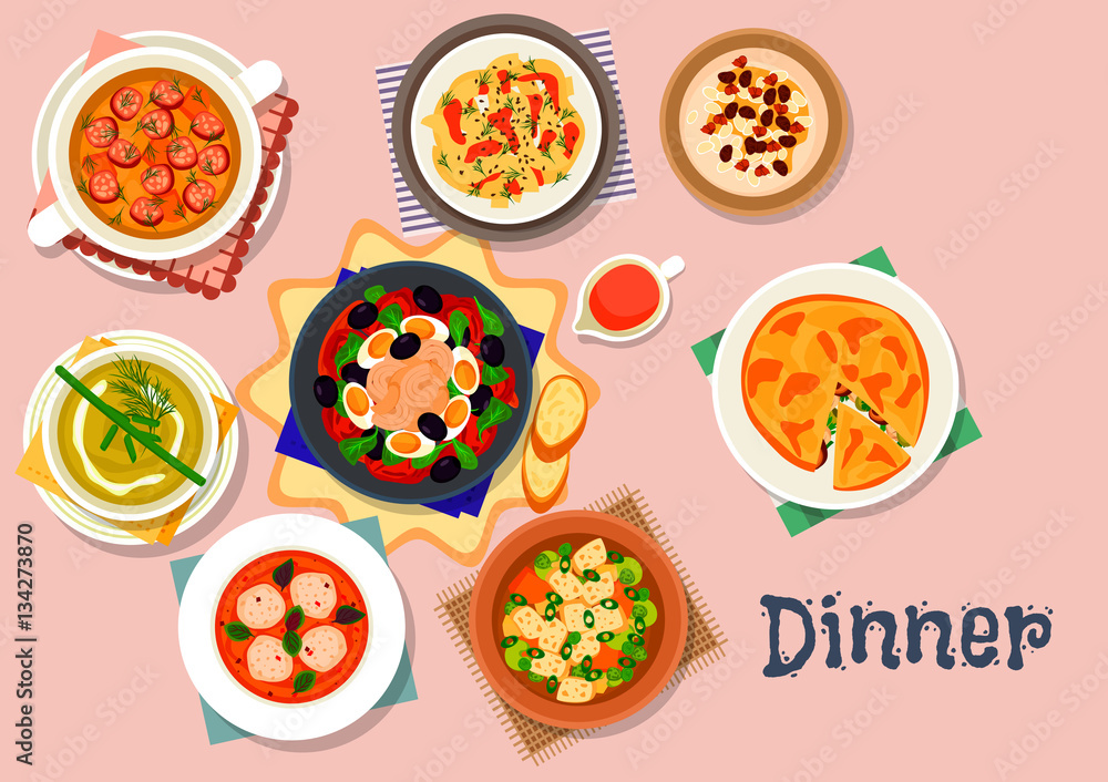 Tasty soup and salad icon for lunch menu design
