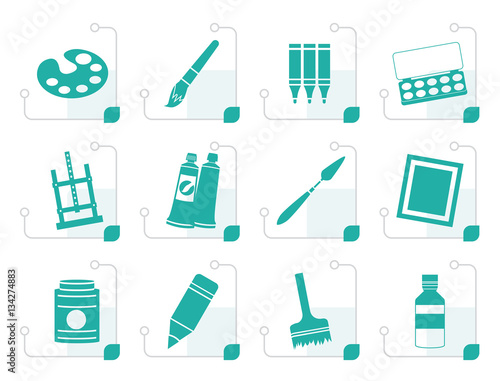 Stylized painter, drawing and painting icons -  vector icon set