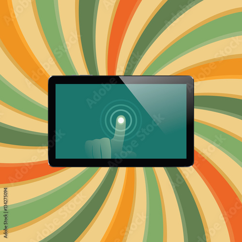 Digital tablet with shiny sensor screen with touch hand. Electronic smart device