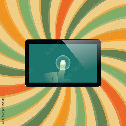 Digital tablet with shiny sensor screen with touch hand. Electronic smart device