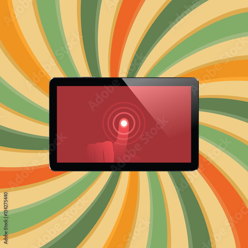 Digital tablet with shiny sensor screen with touch hand. Electronic smart device