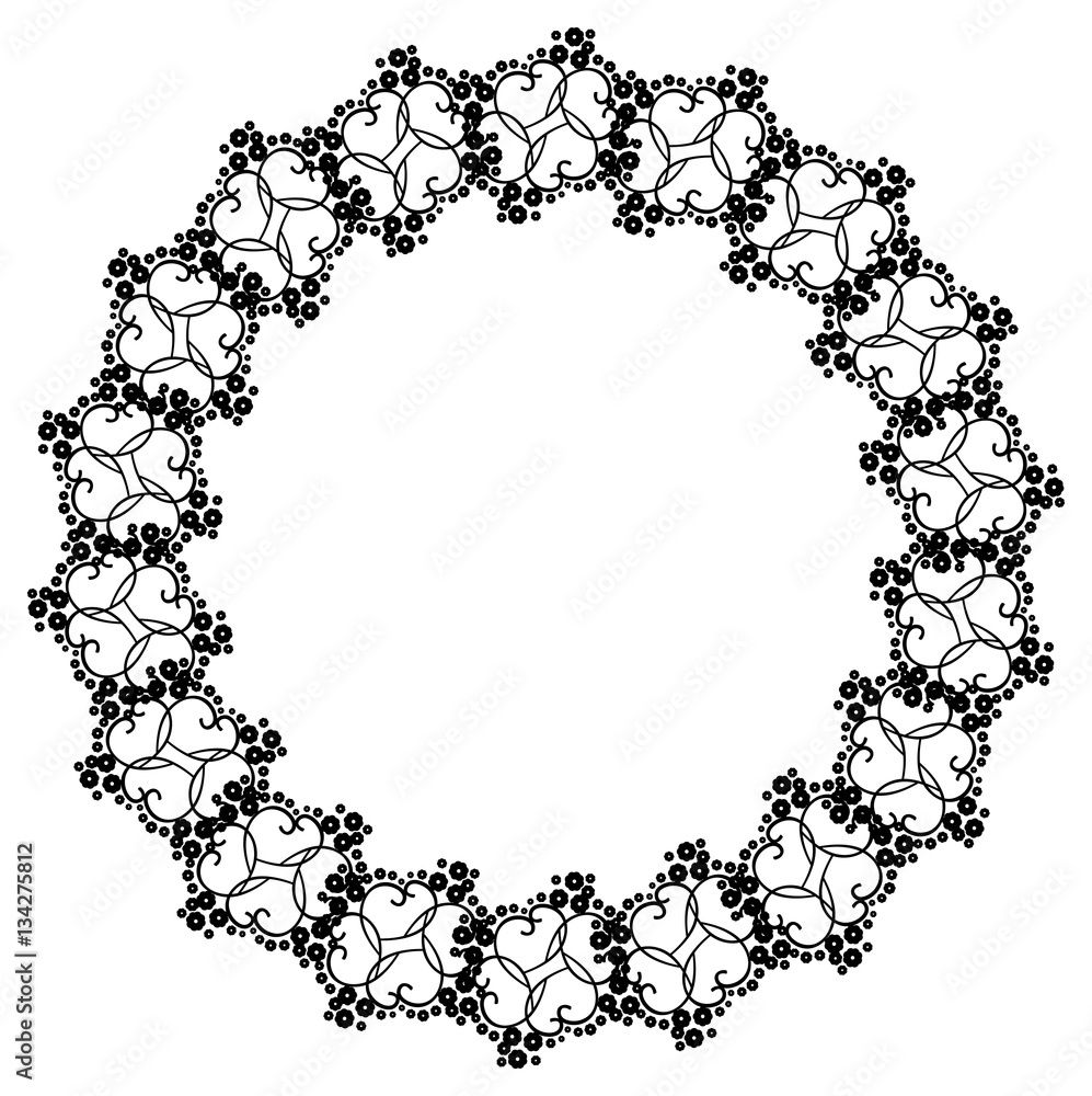 Round black and white frame with abstract decorative flowers. Copy space. Round black and white frame with abstract decorative flowers. Copy space.