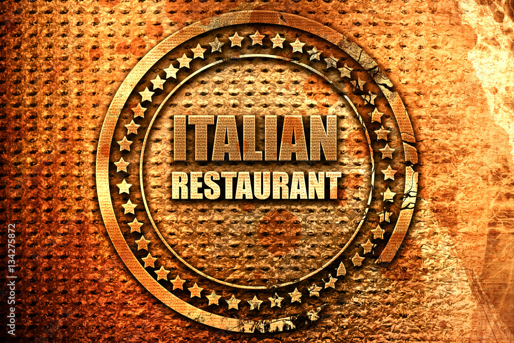 Delicious italian cuisine, 3D rendering, grunge metal stamp