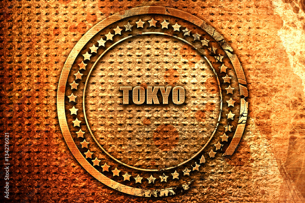 tokyo, 3D rendering, grunge metal stamp