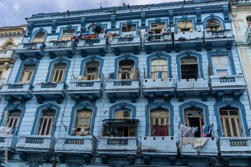 blue old facade building from la havana, on december 26, 2016, in La Havana, Cuba