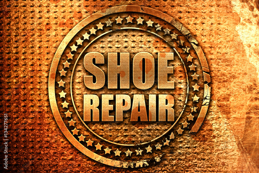 shoe repair, 3D rendering, grunge metal stamp