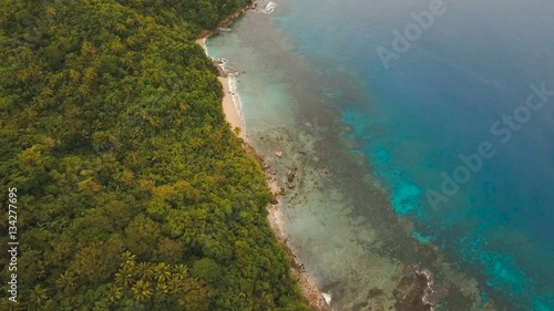 Wild beautiful beach with coconut palms. Aerial view: sea and the tropical island with rocks, beach and waves. The coast of the tropical island with the mountains and the rainforest on a background of photo