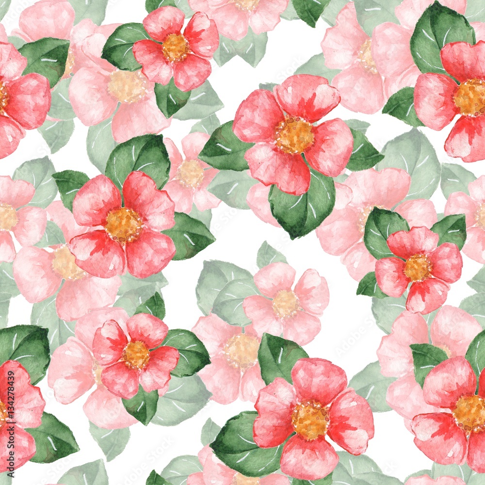 Watercolor floral pattern. Seamless background with red flowers 05