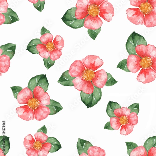 Watercolor floral pattern. Seamless background with red flowers 01