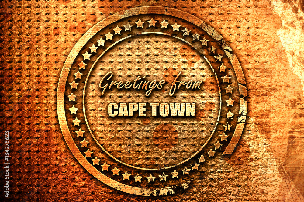 Greetings from cape town, 3D rendering, grunge metal stamp