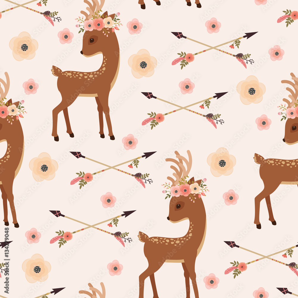Obraz premium Elegant deer in floral wreath with arrows seamless wallpaper
