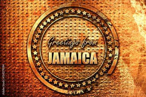 Greetings from jamaica  3D rendering  grunge metal stamp