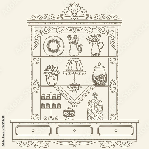 Hand drawn outline vector vintage kitchen shelves/cabinet
