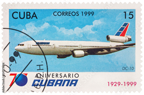 Passenger aircraft Douglas DC-10 on postage stamp