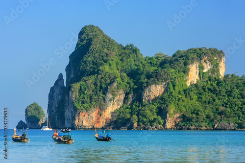 Ao Loh Dalum bay with anchored longtail boats on Phi Phi Don Isl © donyanedomam