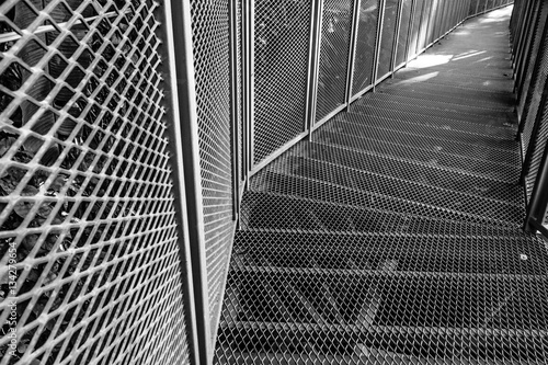 Photography Metal footbridge, metallic walkway and corridor, steel bridge, perspective and v