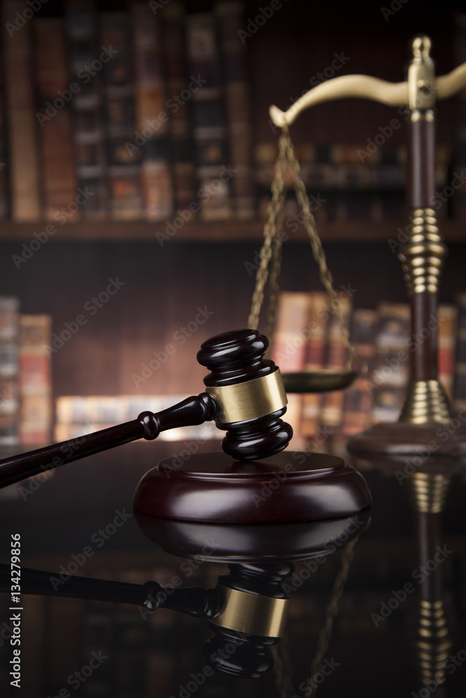 Law and justice concept, Brown wooden background, beautiful refl