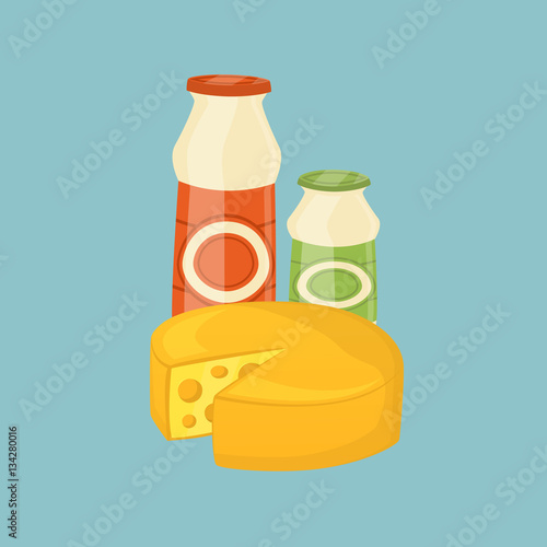 Cheese wheel and other dairy products isolated on blue background, vector illustration. Nutritious and healthy milk products. Natural and healthy food. Organic farmers products. Dairy icon.