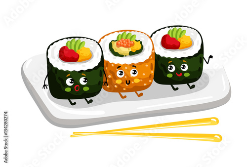 Cute sushi roll set on plate cartoon character isolated on white background vector illustration. Funny japanese seafood sushi emoticon face icon. Happy smile cartoon face food, comical sushi roll