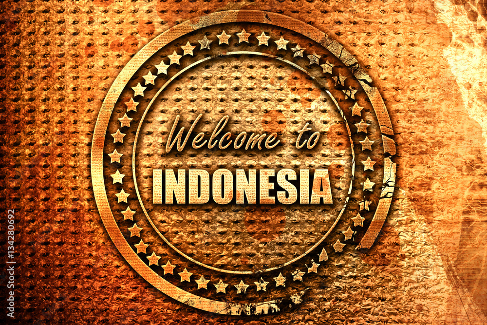 Welcome to indonesia, 3D rendering, grunge metal stamp