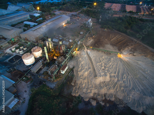 aerial view from drone sugar factory at night. photo