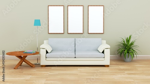 Modern room interior has sofa and table with blank frame  3D Rendering