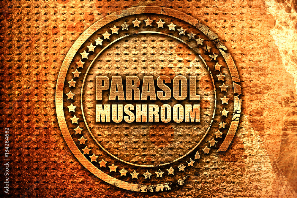 parasol mushroom, 3D rendering, grunge metal stamp