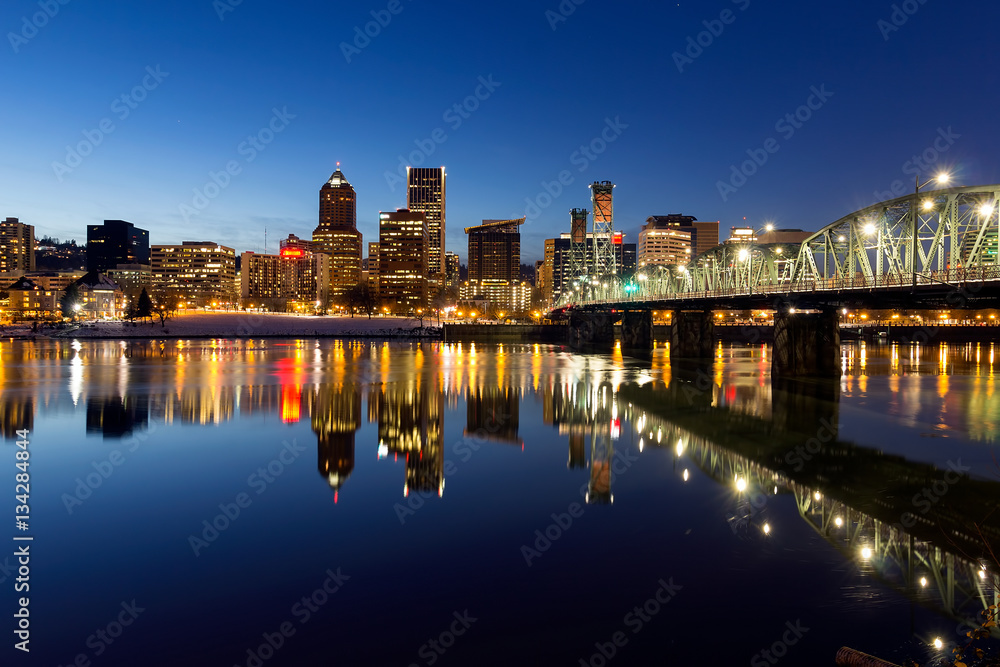 Portland Downtown Skyline Winter Blue Hour